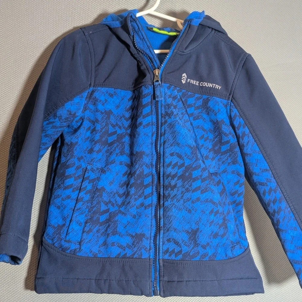 Free Country Blue Navy Geometric Softshell Hooded Fleece Lined Jacket Boy's 5/6